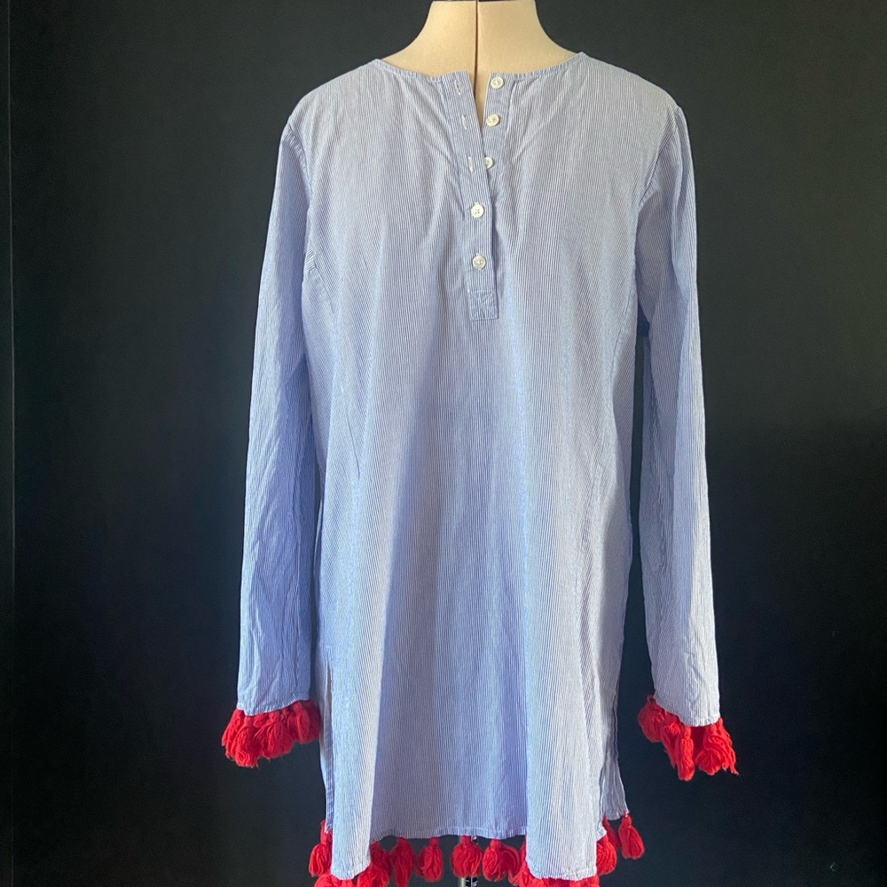 Tory Burch beach cover up Blue Tunic with Red Tassels size large